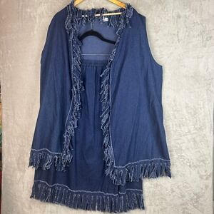 Sleeveless Fringe Denim Skirt Set in Navy